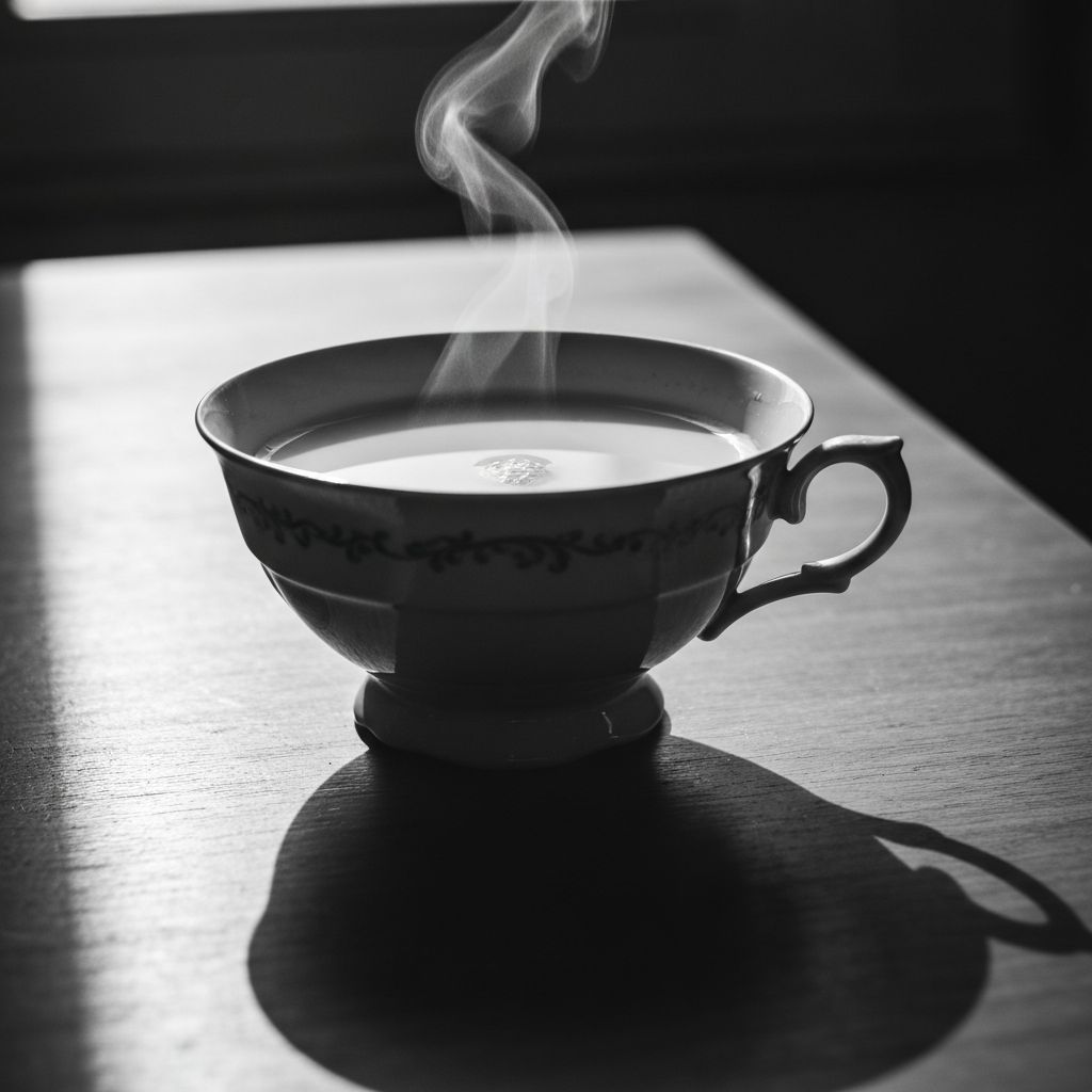 A small white bowl of warm milk with saffron threads blooming into golden tendrils.