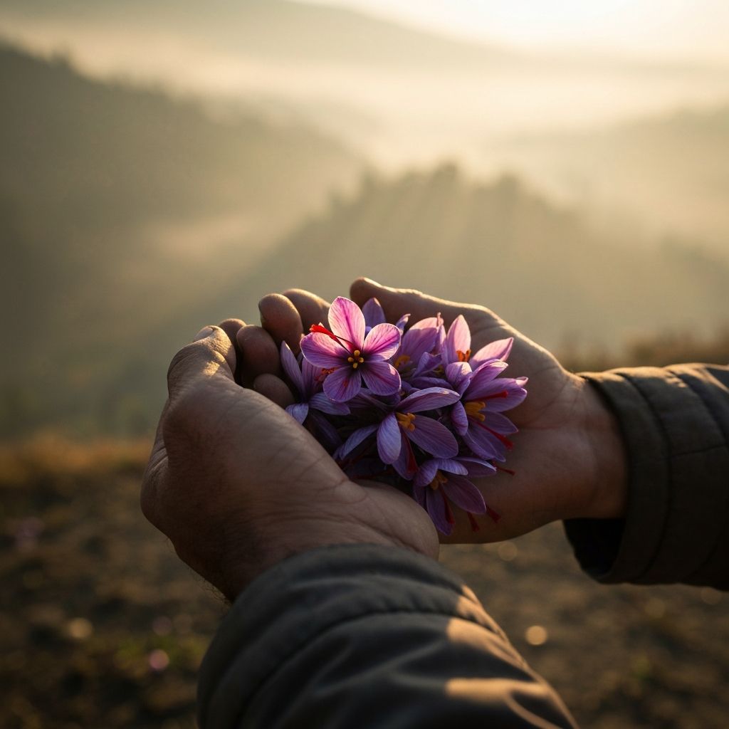 Kashmiri farmer's hands cradling fresh purple Crocus sativus saffron flowers at dawn.