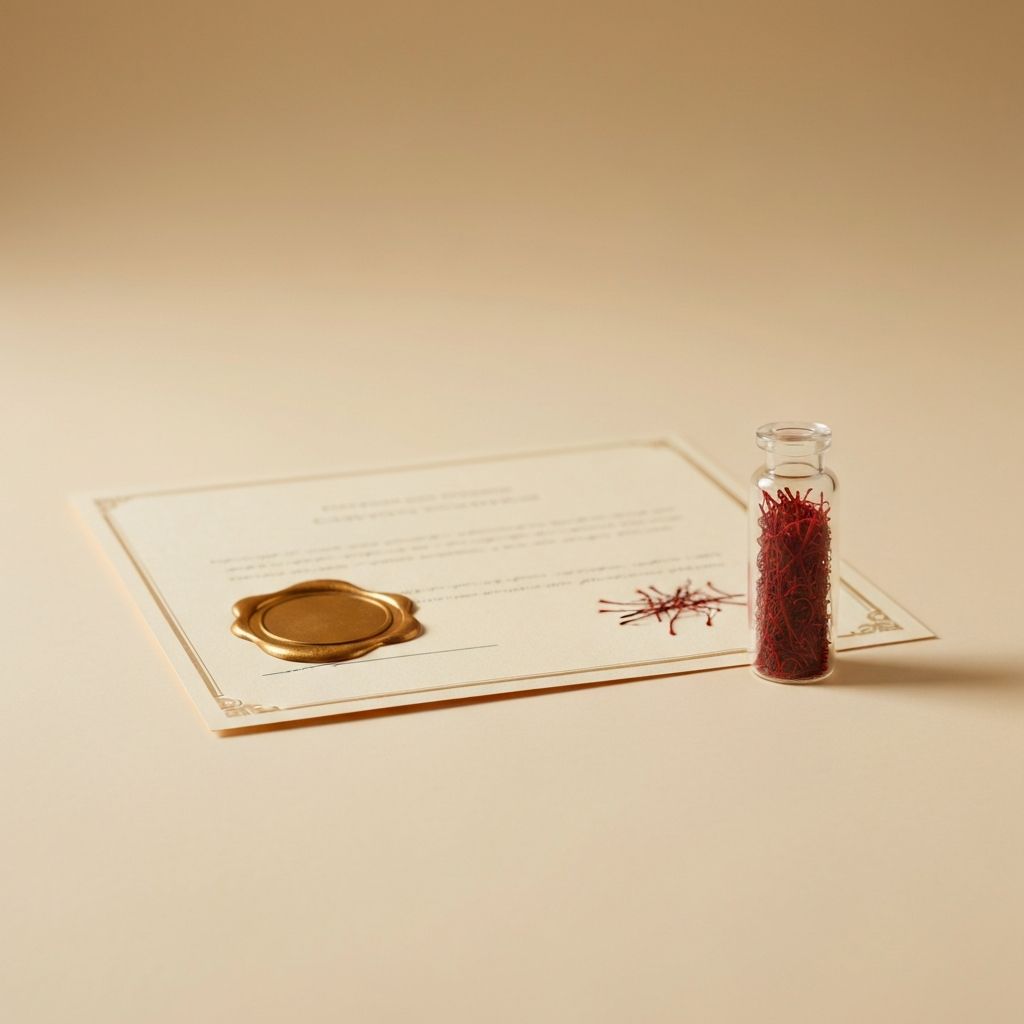 Folded certificate of analysis document with a gold seal beside a vial of crimson saffron threads.