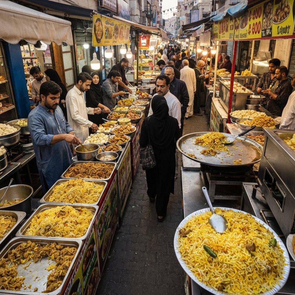 A pot of golden saffron biryani rice with whole saffron threads on top.