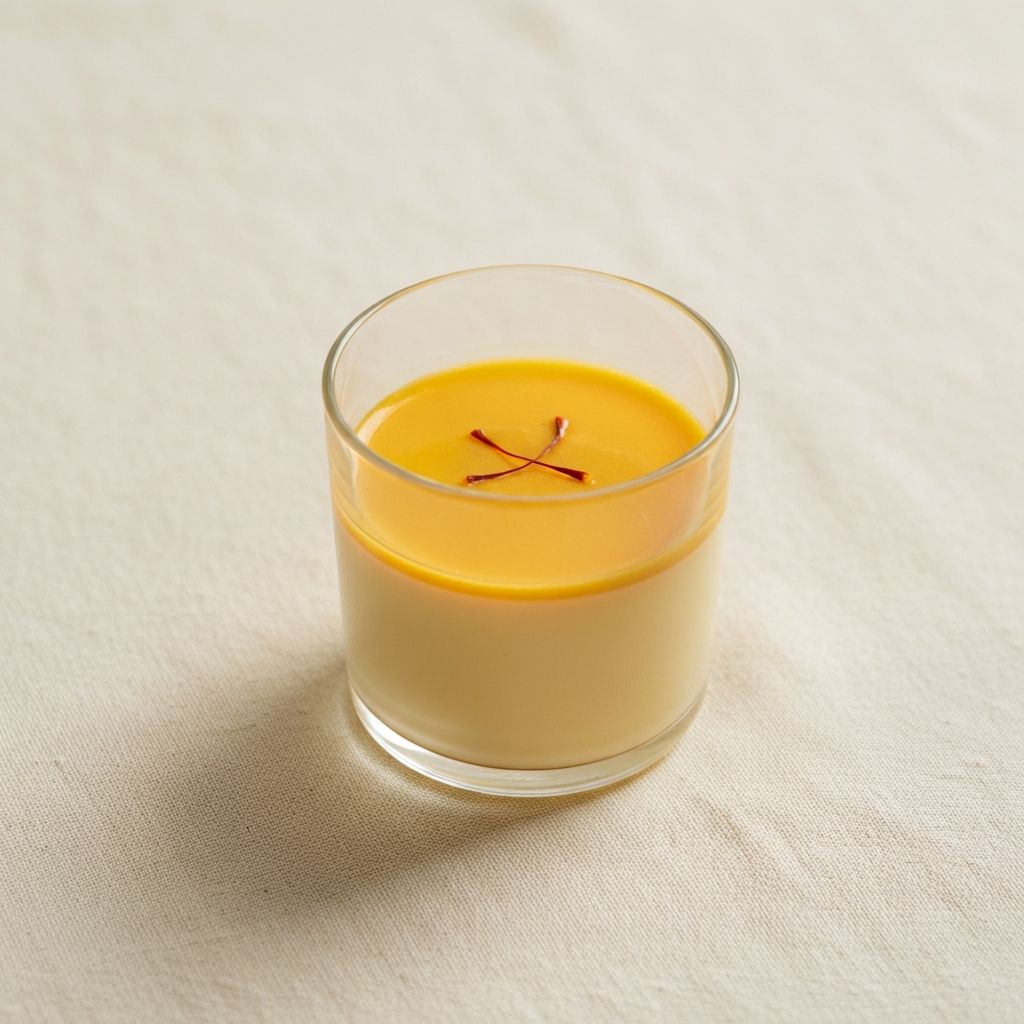 A glass cup of golden saffron-infused panna cotta dessert garnished with a saffron thread.