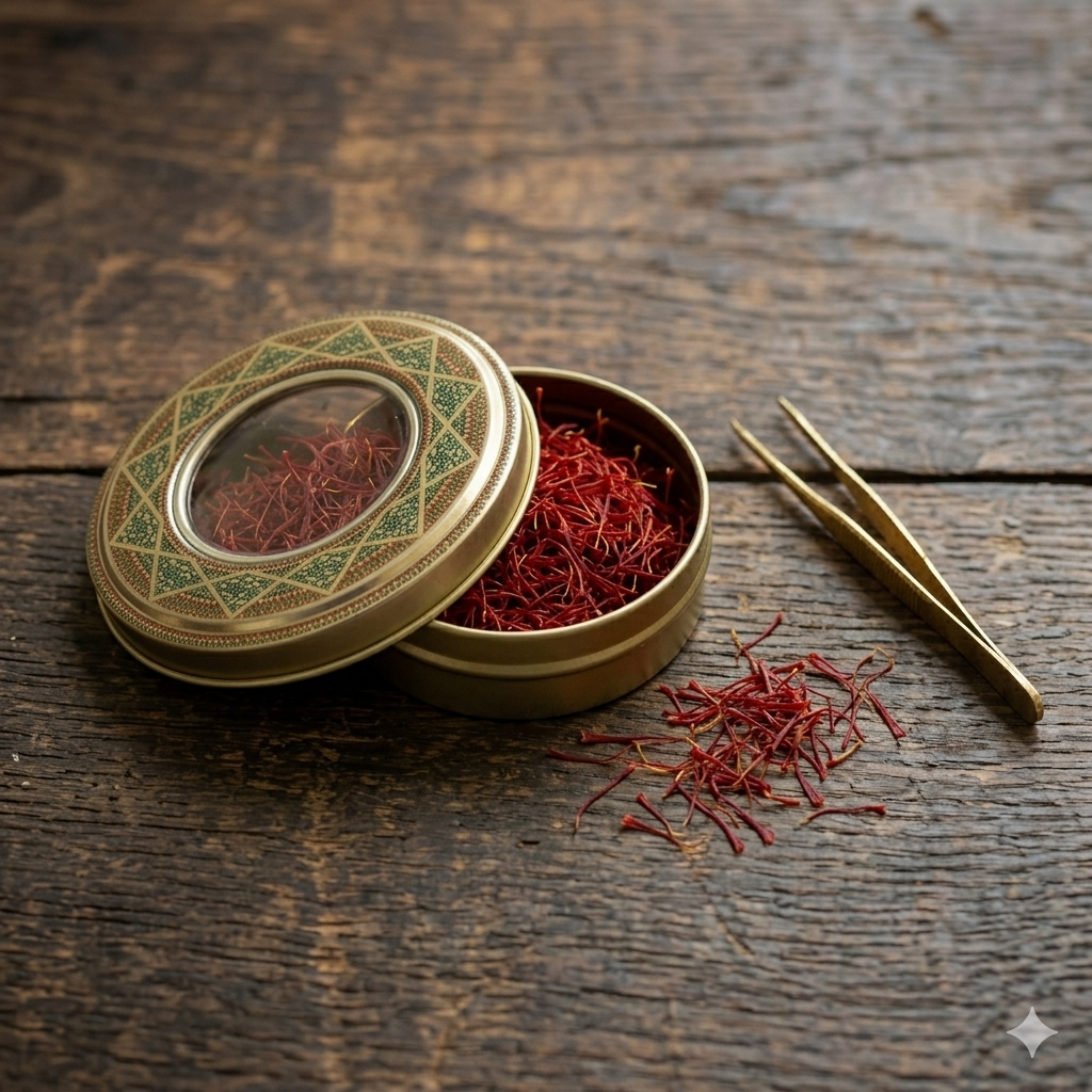 Open ornate Himalayan Saffron tin on dark wood — bulk 5g variant with deep crimson threads.