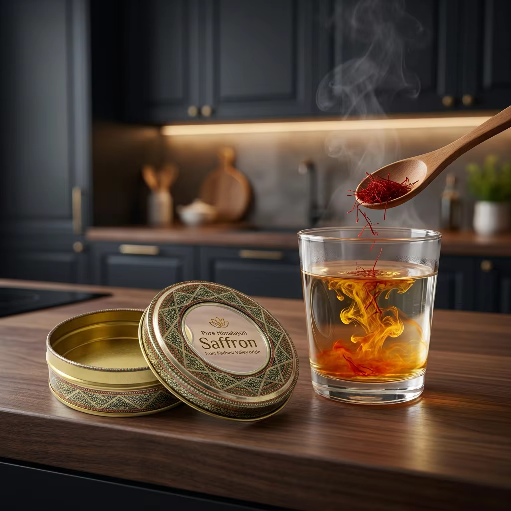 Open ornate gold saffron tin with crimson threads and gold tweezers on dark wood