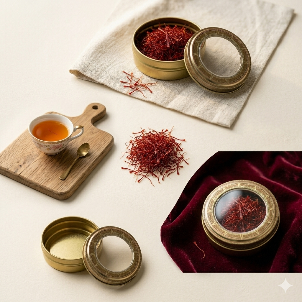 Open ornate gold saffron tin beside a ceramic bowl of golden saffron milk on rustic wood.
