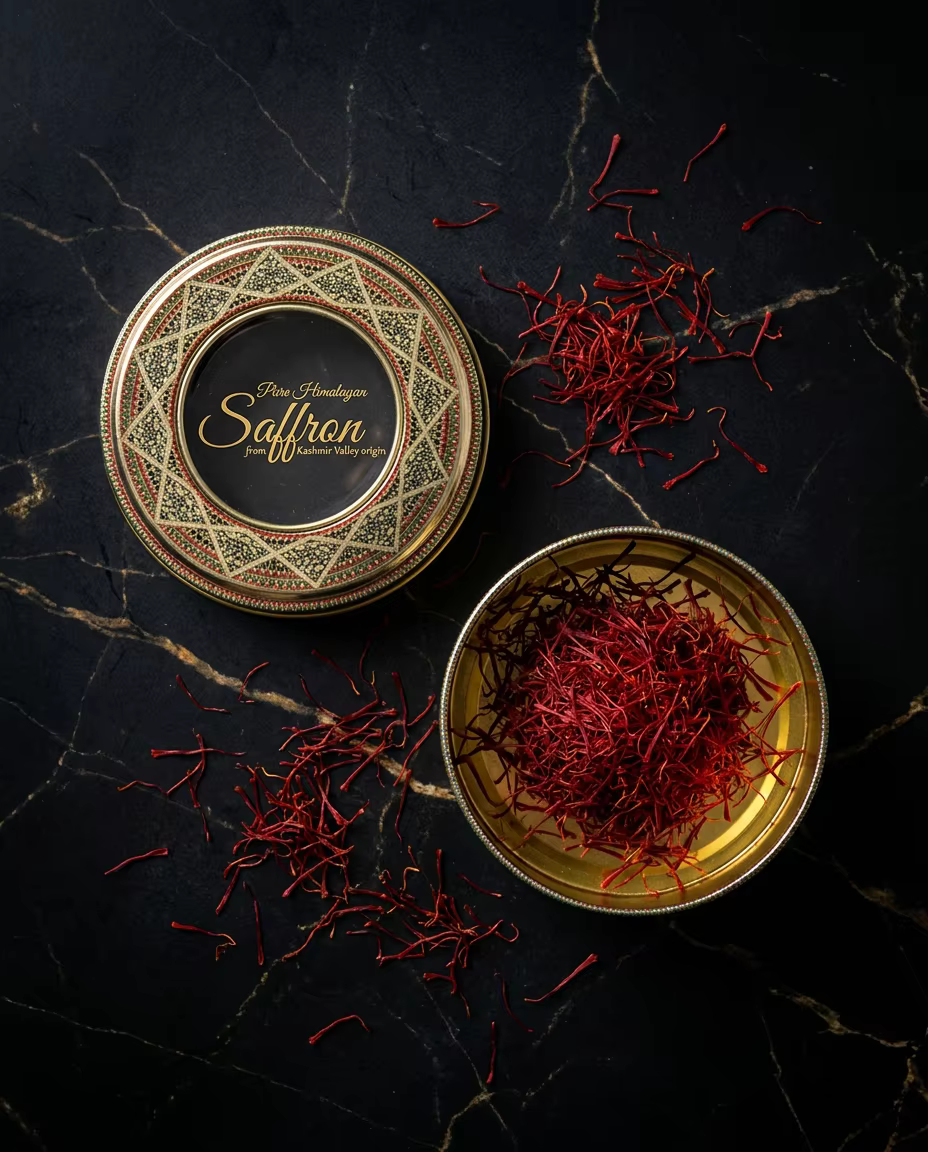 Himalayan Saffron tin lifestyle product shot