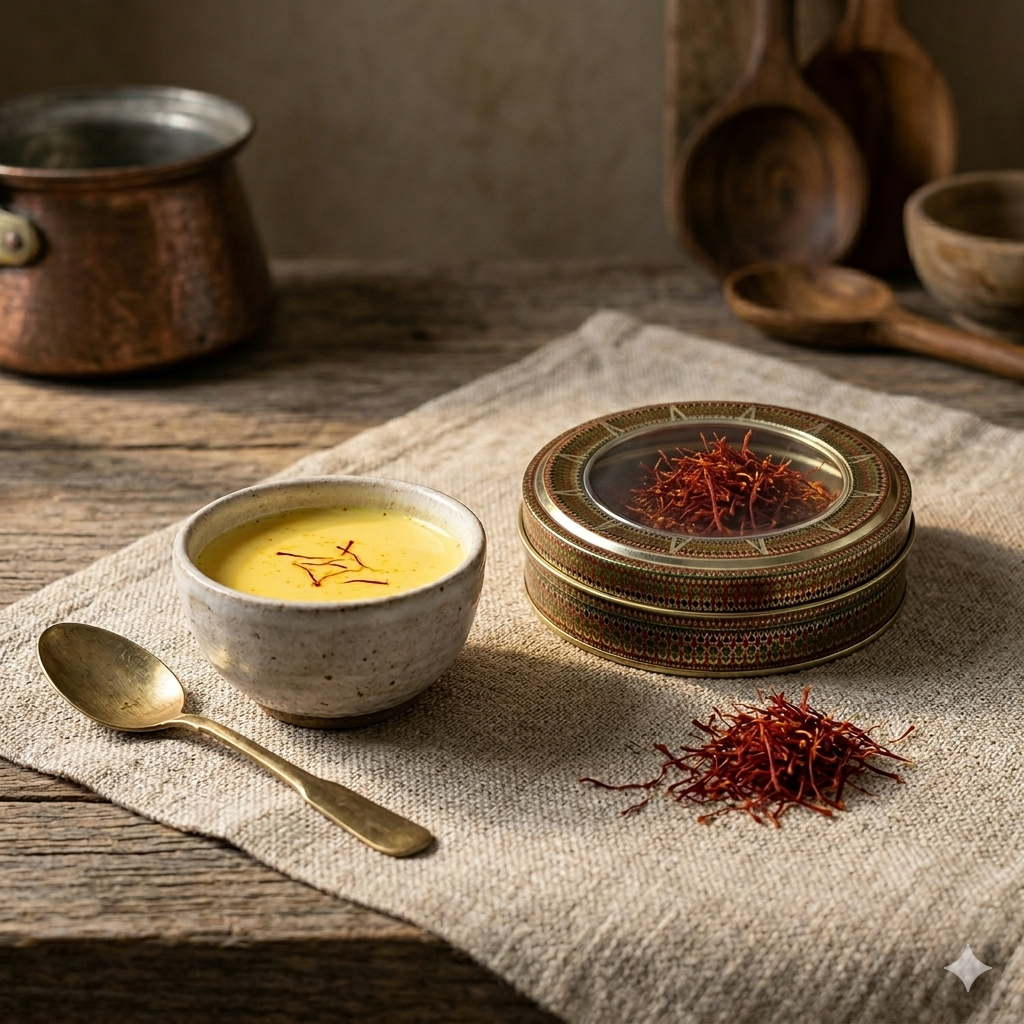 Ornate Himalayan Saffron tin on warm rustic surface with scattered threads