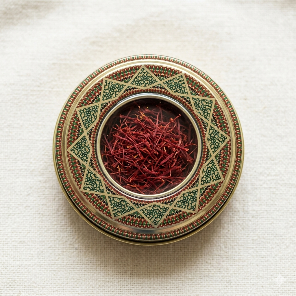 Saffron tin with golden milk and kitchen props