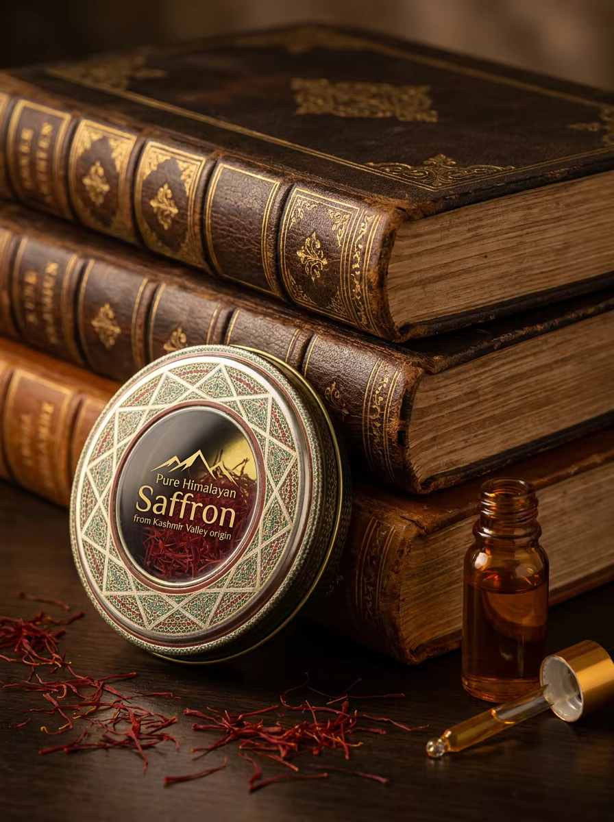 Lifestyle flatlay of Himalayan Saffron tin with tea cup and scattered threads