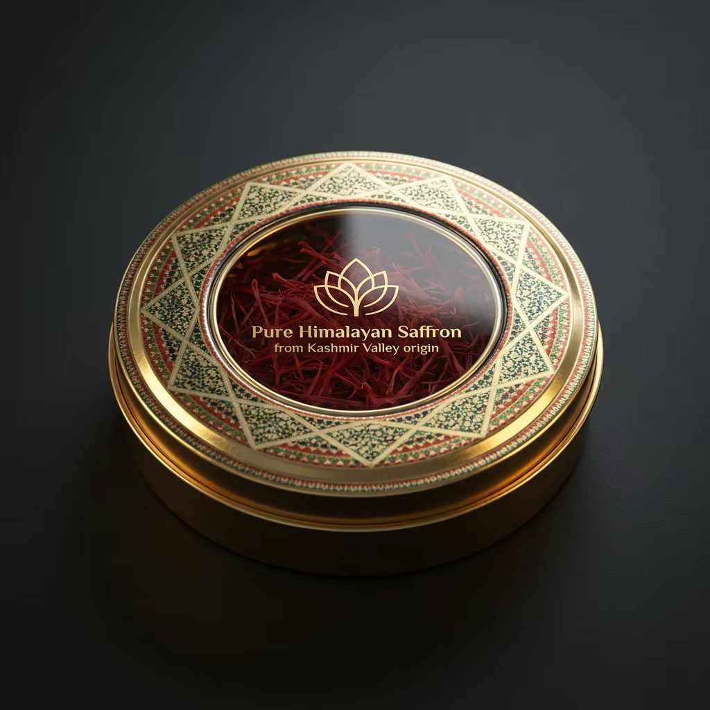 Lifestyle collage of Himalayan Saffron tin with tea, mortar, and velvet background