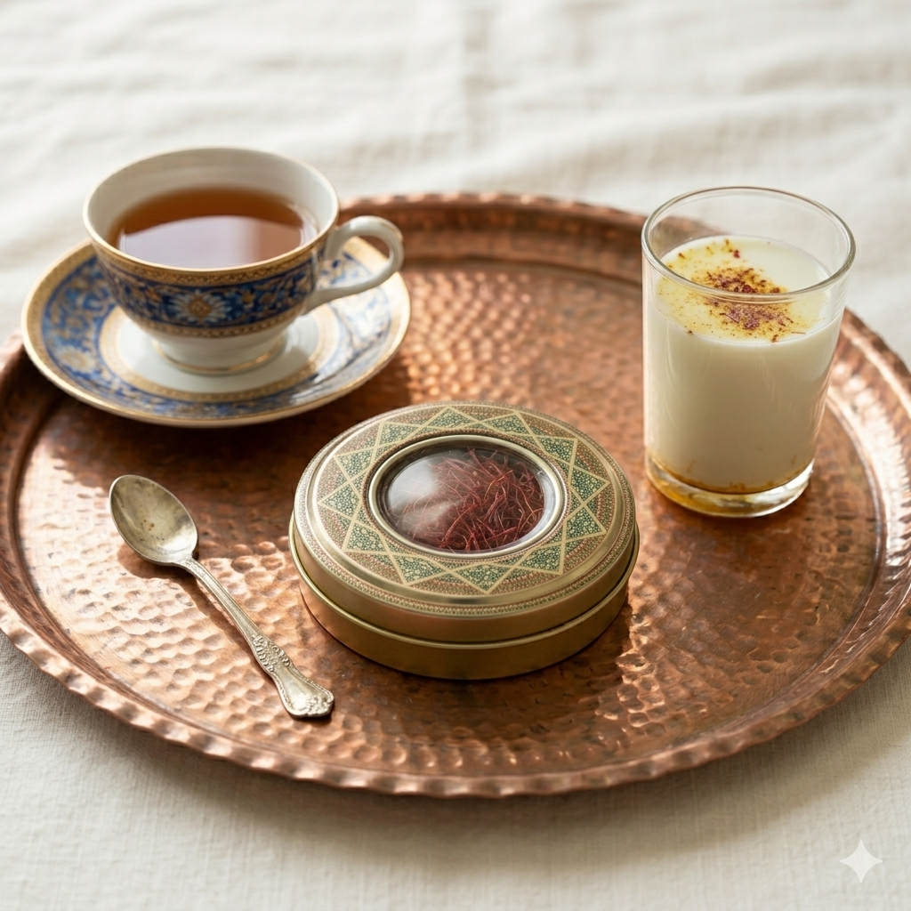 Top-down view of ornate Himalayan Saffron gift tin with geometric gold pattern on cream linen.